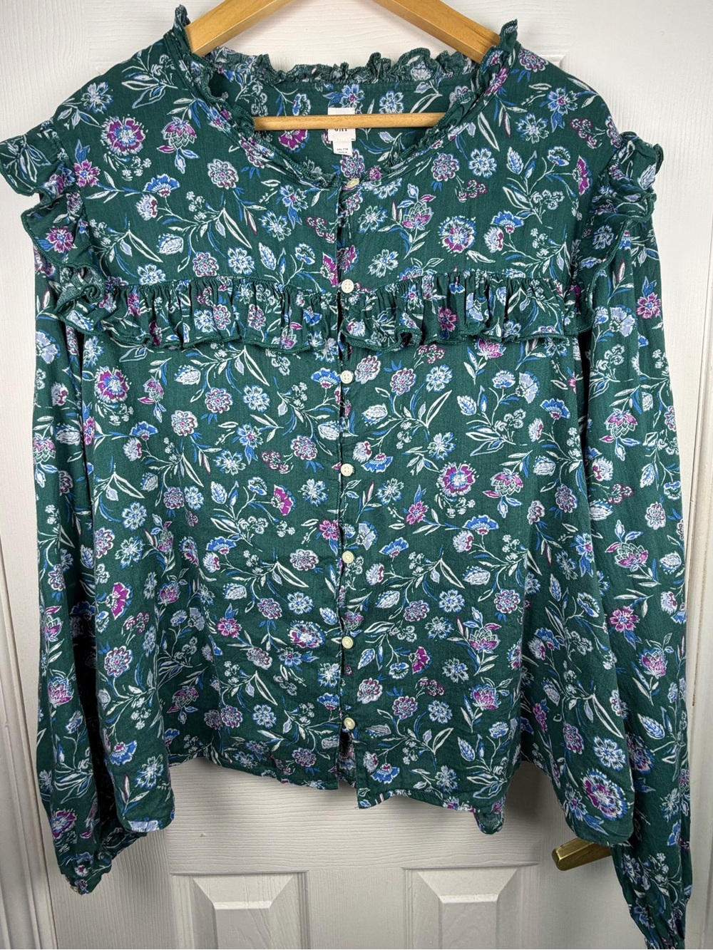 GAP Green Floral Ruffle Blouse Women's XXL Button Front Long Sleeve Cottagecore